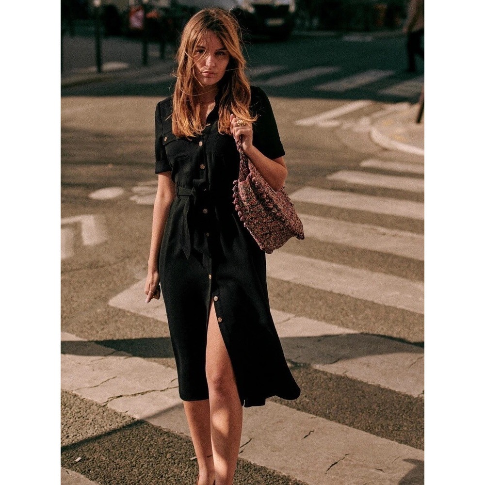 SEZANE 'Jeannette' Black Polyester Midi Belted Button Front Shirt Dress Size 36